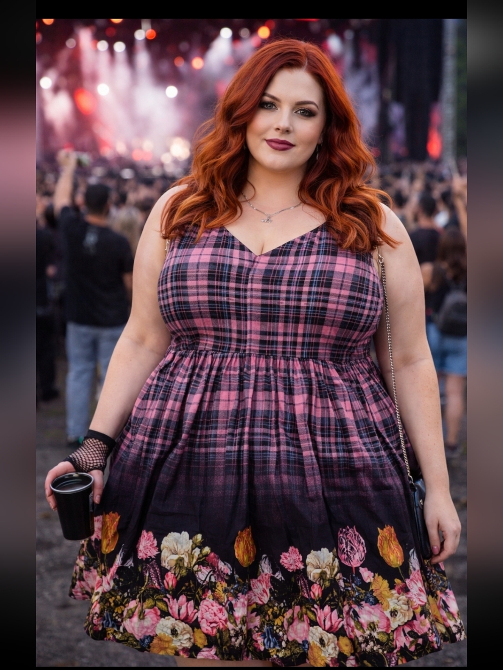 Hell Bunny Vixen 3XL Pink Plaid Floral Border Fit & Flare Dress Goth Cottagecore
